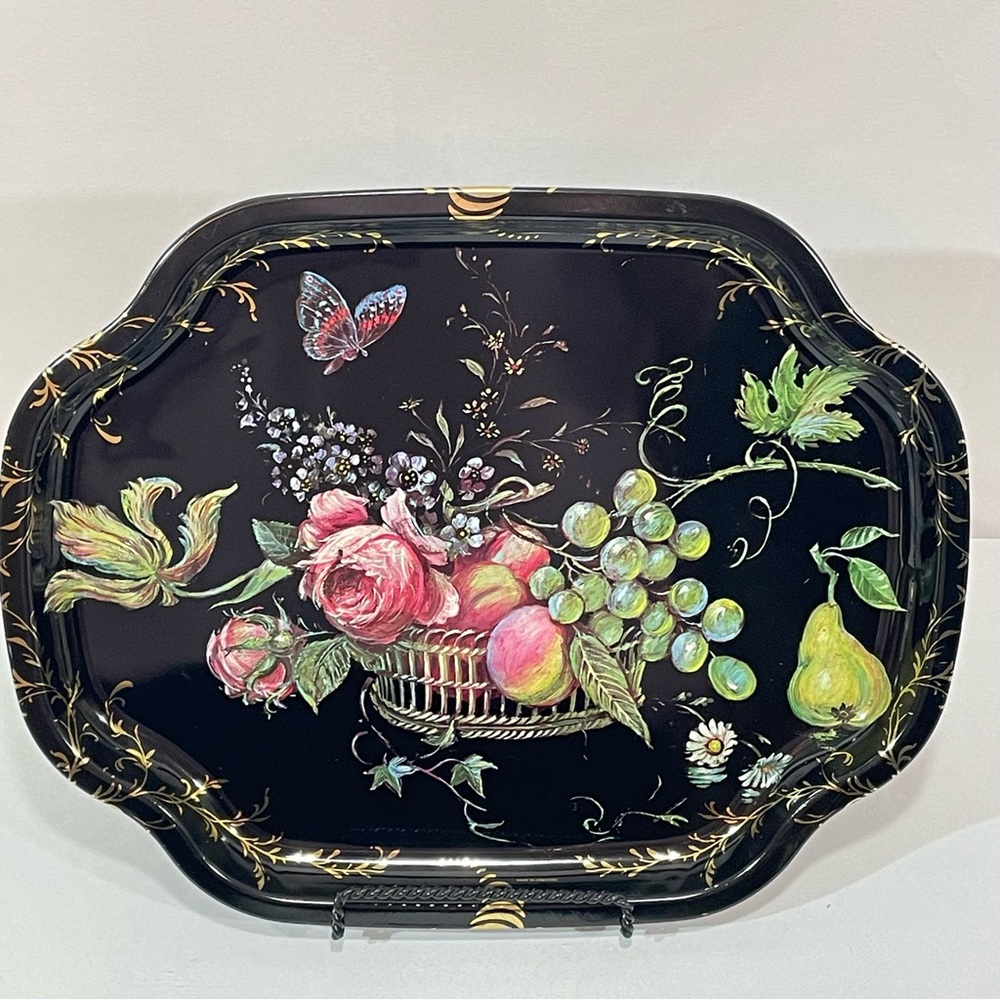 Vintage Elite Metal Serving Tray Floral Fruit Basket Painting Black  13x16